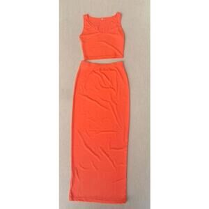 New! Orange Ribbed Knit Crop Top Maxi Skirt 2 Piece Set